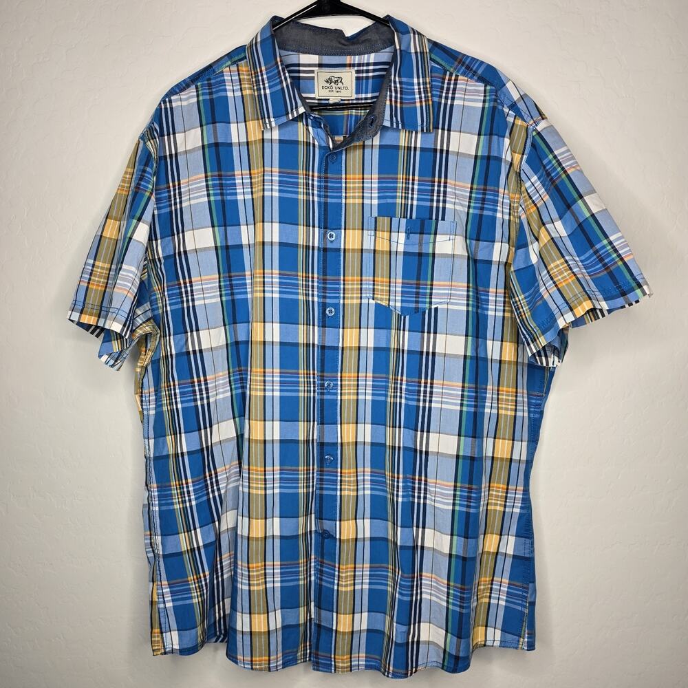 Ecko Unlimited Shirt Mens XXL 2XL Blue Yellow Plaid Button Front Classic
